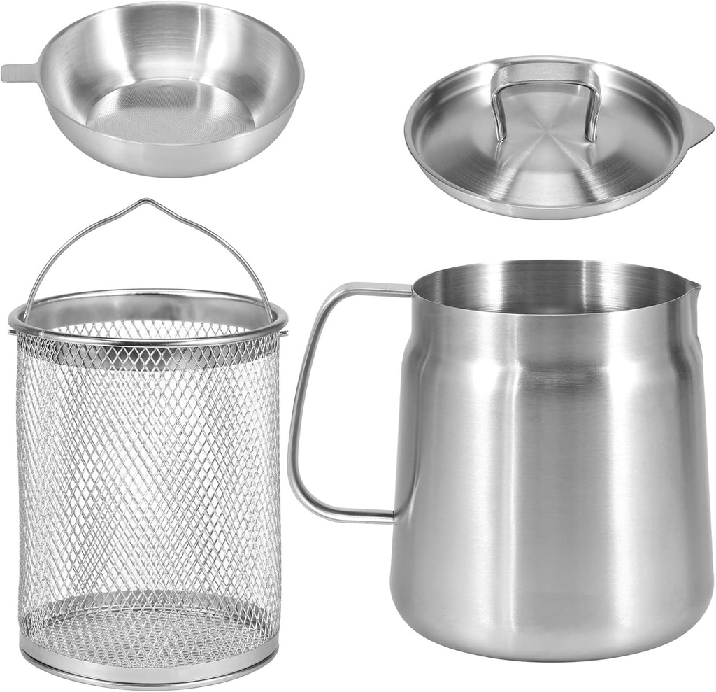 Stainless Steel Fryer, 53/70oz Large Capacity 2 in 1 Oil Strainer Pot, 304 Stainless Steel Fryer and Oil Filter with Strainer for Kitchen Storing Cooking (2L/70oz)