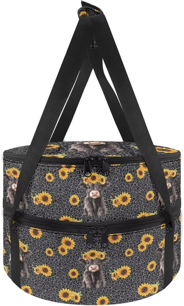 Leopard Sunflower Cow Large Insulated Round Casserole Carriers Pie Carrier with Lid Cake and Cheesecake Carrier for Transport Thermal Bag for Potluck Party Picnics