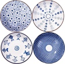 Ceramic Dinner Plate Set of 4 Pasta Bowls Blue and White Plates for Pasta Appetizer Dessert and Snack Microwave Oven and Dishwasher Safe