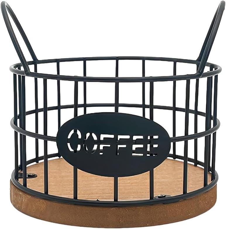 Coffee Pod Holder for Counter, K Cup Holders Coffee Pods Storage Organizer, Coffee Bar Basket Iron Coffee Pod Holder Storage with Wooden Base for Kitchen Office Desktop, Black