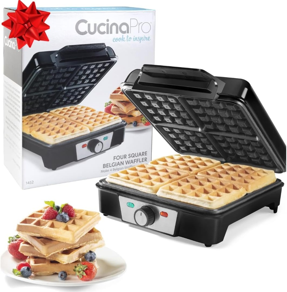 CucinaPro Four Square Belgian Waffle Maker, Extra Large Stainless Steel Kitchen Appliance w Nonstick Waffler Iron Plates Makes 4 Fluffy Waffles, Great Griddle for Family Holiday Breakfast or Xmas Gift