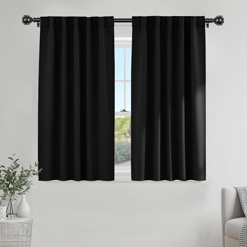 PONY DANCE Thermal Insulated Black Kitchen Blackout Curtains Over Sink, Short Winter Half Curtains for Bahtroom Small Window Decor, Light Blocking Bedroom Draperies, W 42 x L 45 inches, 2 Panels Set