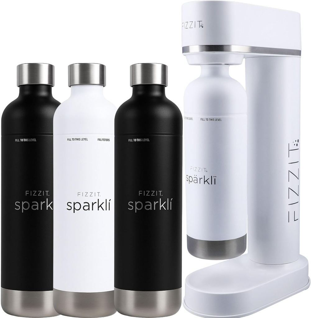Fizzit Spärklï Carbonated Water Soda Maker in White with 2 Black Stainless Steel Bottles & 1 White Stainless Steel Bottle