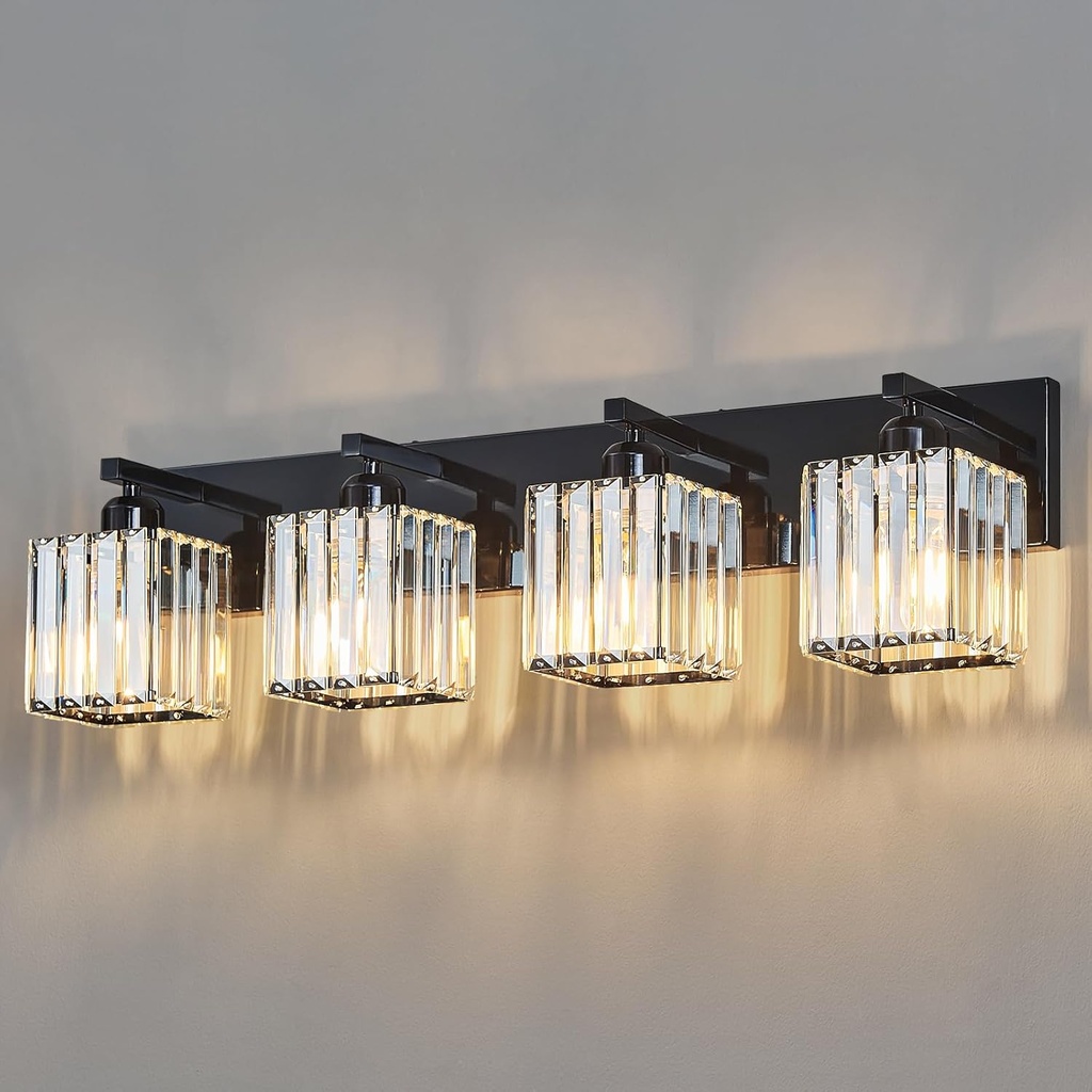 Modern Bathroom Vanity Light 4-Lights Plating Black Crystal Bathroom Wall Light Vanity Light Fixtures