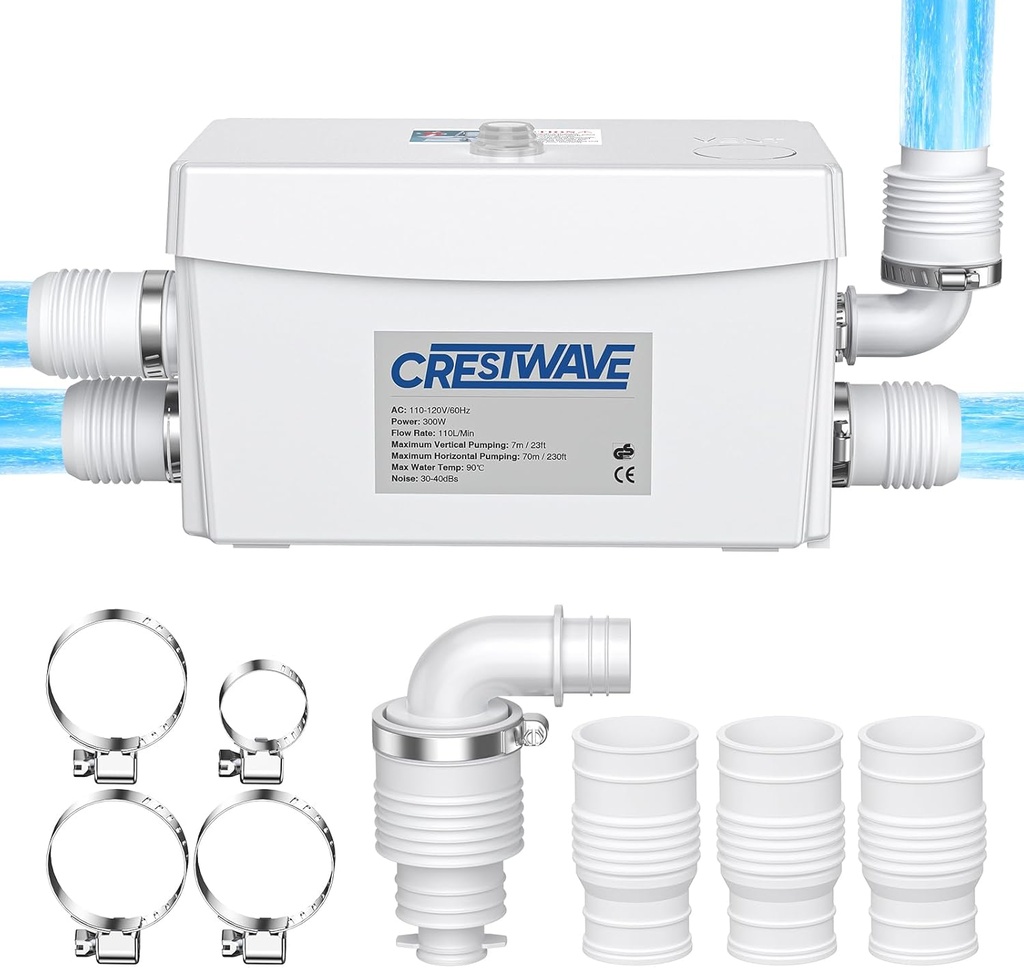 CrestWave Powerful 300W Sink Pump, 23ft Head, 110LPM Flow with 3 Water Inlets - Ideal for Basement, Kitchen, Sink, Shower, Bathtub, Laundry, Waste Water, Boats, RV, Home, Off-Grid Sewage Systems