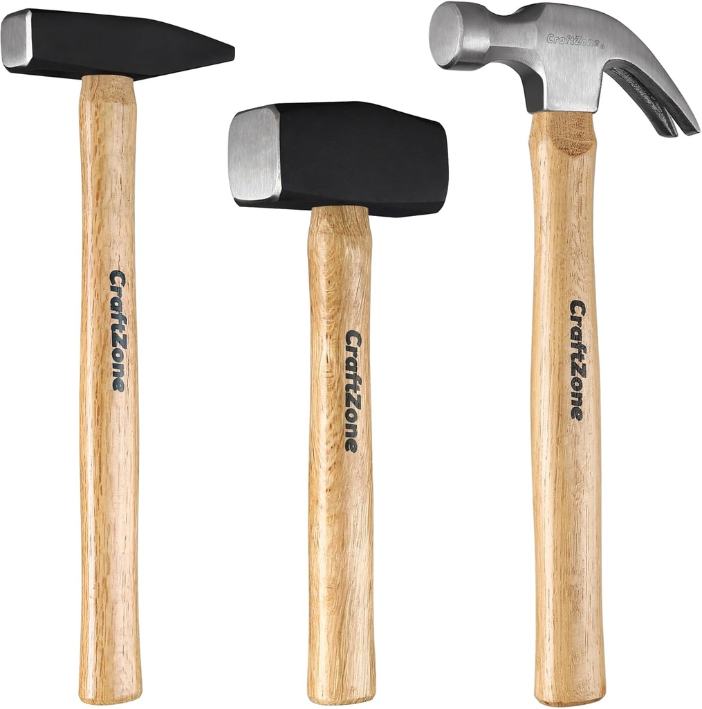3PC Hammer Set Woodworking Tool - Claw Hammer 16oz | Sledge 3LB | Engineers' 500G DIY/Home/Office/Craft Wooden Handle