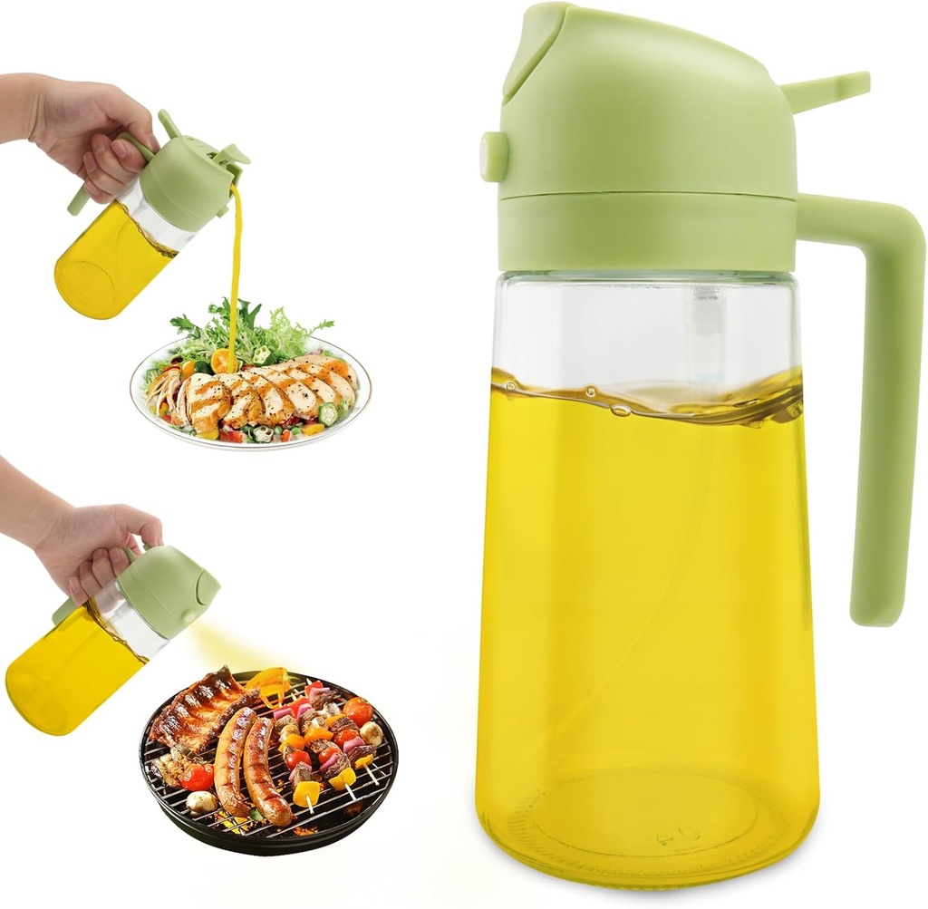 Glass Olive Oil Dispenser Bottle 2 in 1 Oil Dispenser and Oil Sprayer with Pourer Food-grade Oil Dispenser for Kitchen Cooking Oil Sprayer for Barbecue, Salad, Frying (Green, 16oz/470ml)
