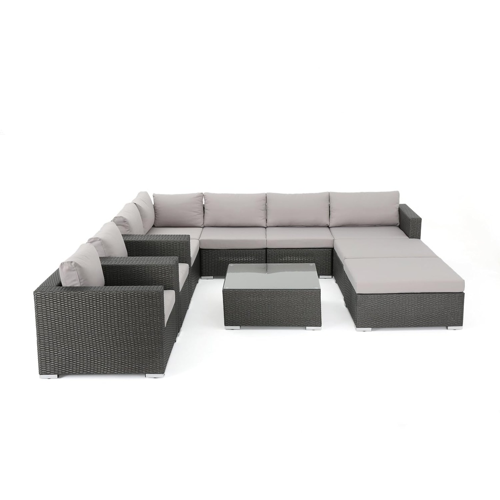 Christopher Knight Home Santa Rosa Outdoor 7-Seater Wicker Sectional Sofa with Aluminum Frame and Water Resistant Cushions, Grey / Silver