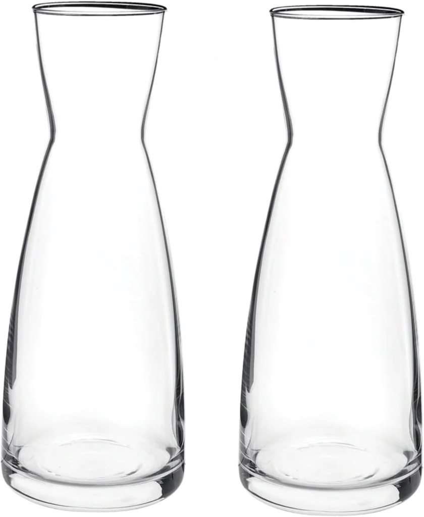 Bormioli Rocco Set Of 2 Ypsilon Carafe, 36.5 Oz. Glass Pitcher For Water, Juice, Ice Tea Or Wine, Dishwasher safe Jug, Made in Italy.