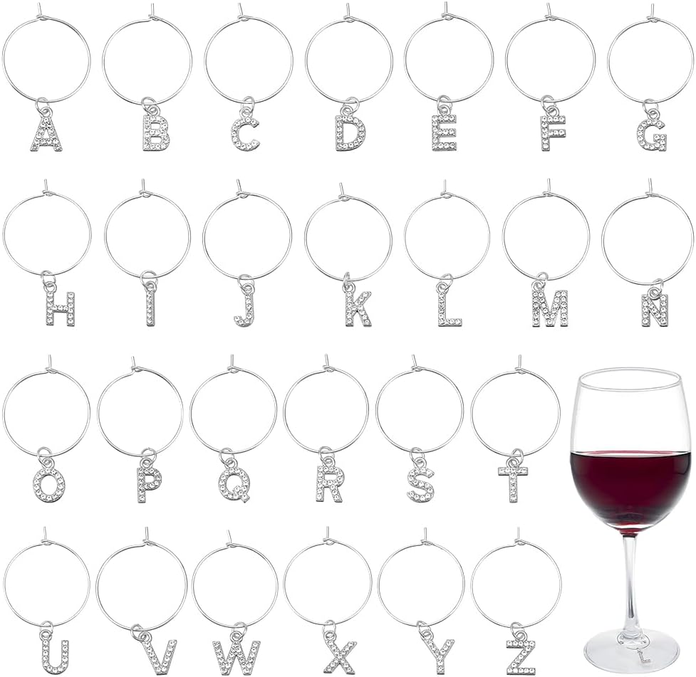 WEBEEDY 26 Pcs Silver Letter Wine Glass Markers Charms Shiny Rhinestone Wine Glass Charms for Stem Glasses Drink Identifiers for Champagne Cocktail Goblet Parties Wedding Dinner, 25mm/1''