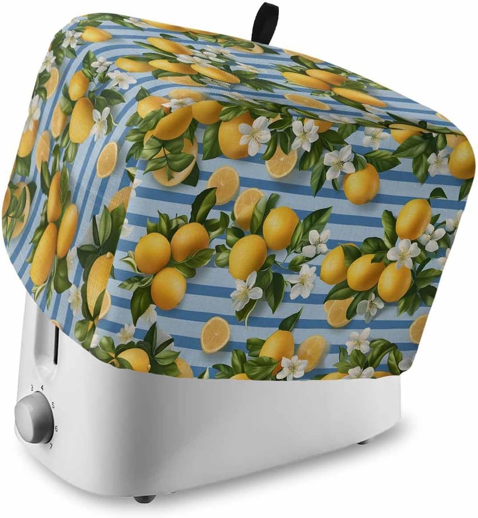 Summer Lemon Toaster Cover 4 Slice, Farmhouse Botanical Fruit Blue Striped Dustproof Bread Machine Oven Cover with Storage Pockets, Fits Most Kitchen Toasters Protector