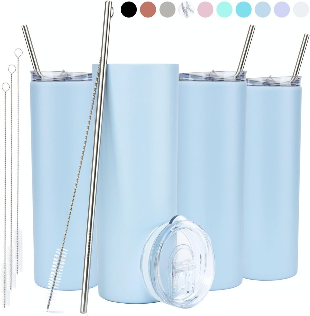 STRATA CUPS Periwinkle Skinny Tumbler with Lid and Straw (4 Pack) - 20 Oz Double Wall Insulated Stainless Steel Slim Tumbler with Straw Cleaner, Reusable Metal Tumbler for Hot and Cold Drinks