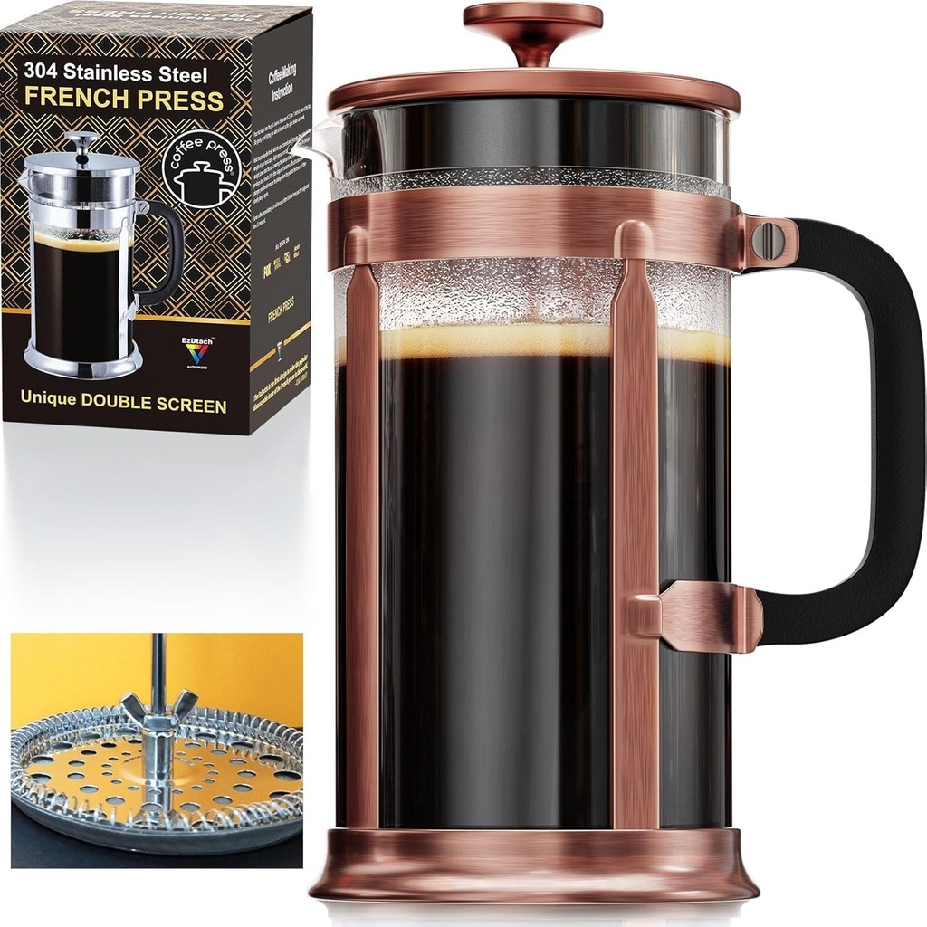 EzDtach French Press Coffee Maker 34oz Copper – Borosilicate Glass Pot with 304 Grade Stainless Steel French Press, Double Filter and 2 Extra Screens for Rich, Full-Bodied Flavor at Home or Office
