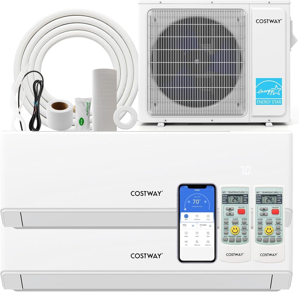 COSTWAY 18k Dual 2 Zone Mini Split Air Conditioner, 22 SEER2 9000 BTU+ 12000 BTU, 208-230V, Wifi Enabled Multi Zones Mini Split AC Heat Pump Full Set, Ductless Energy Star