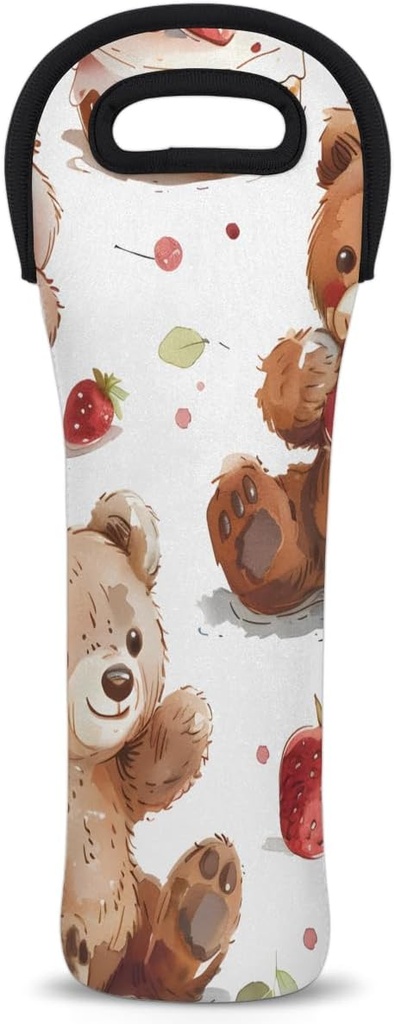Bears Strawberry Cake Wine Carrier Tote Bag Single Bottle Portable Neoprene Insulated Bag Lightweight Travel Wine Cooler Bag for Party and Picnic, Gifts for Men, Women, Friends, Wine Lovers