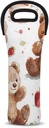 Bears Strawberry Cake Wine Carrier Tote Bag Single Bottle Portable Neoprene Insulated Bag Lightweight Travel Wine Cooler Bag for Party and Picnic, Gifts for Men, Women, Friends, Wine Lovers