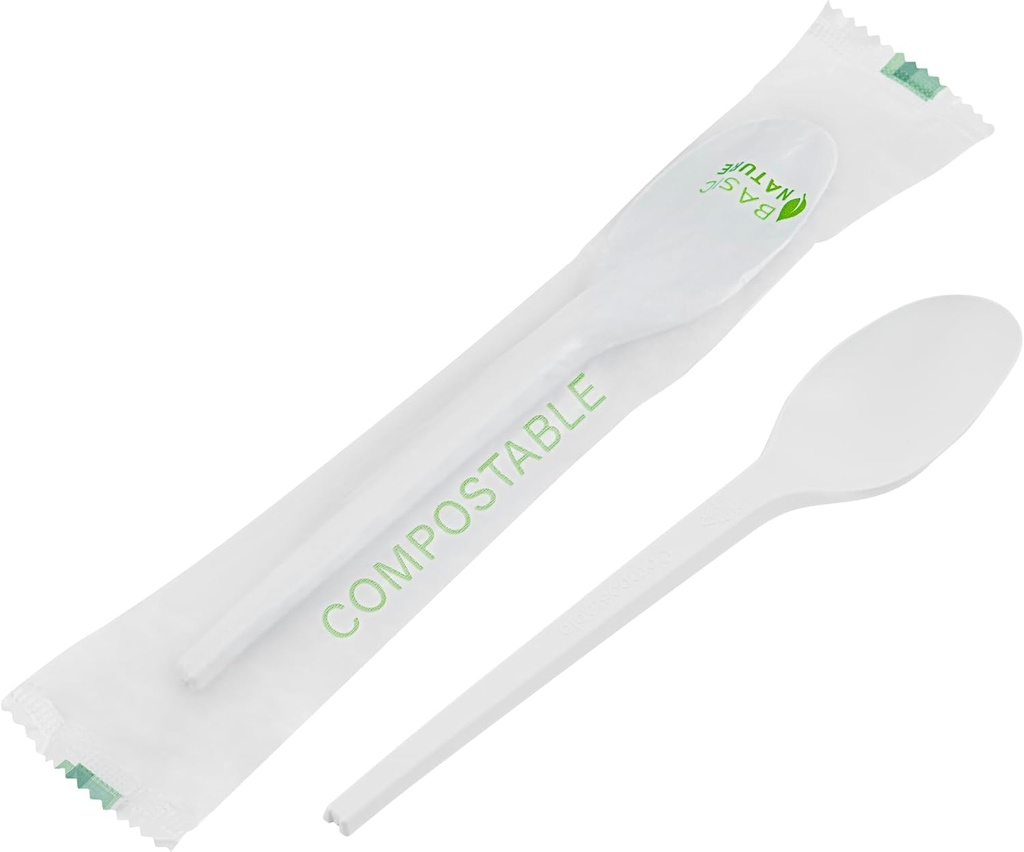 Restaurantware Basic Nature 6.5 Inch CPLA Spoons 250 Disposable Plastic Cutlery - Individually Wrapped Durable White Plastic Disposable Silverware Withstands Up To 180F Ideal For Large Events