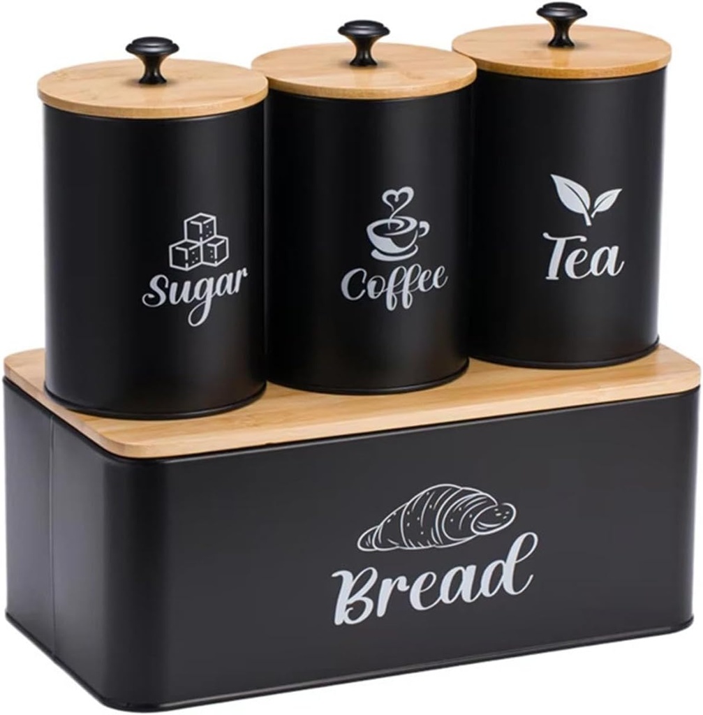 Kitchen Canisters Set Kitchen Food Storage Container with Lid Practical Breadbox Kitchenware Metal Bread Box Bin for Cafe, Black