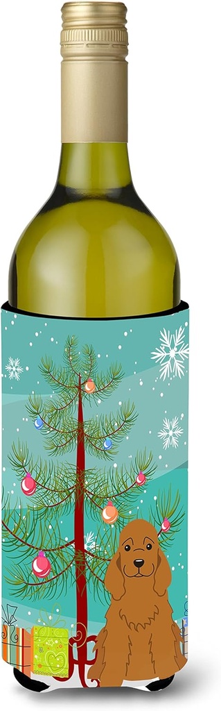 Caroline's Treasures BB4220LITERK Merry Christmas Tree Cocker Spaniel Red Wine Bottle Hugger Bottle Cooler Sleeve Hugger Machine Washable Collapsible Insulator Beverage Insulated Holder