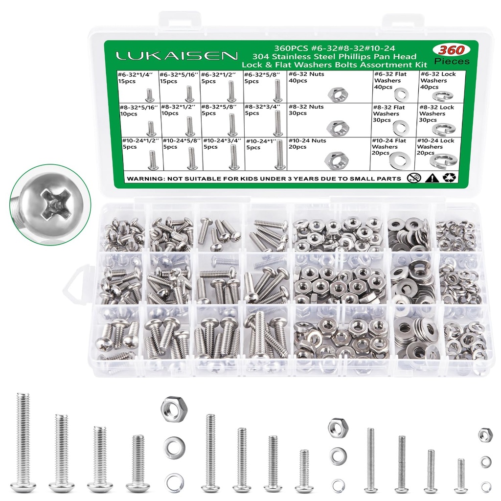 Machine Screws, 360PCS Nuts and Bolts Assortment Kit, #6-32#8-32#10-24 Phillips Pan Head Assorted-304 Stainless Steel Hex Button Head Bolts Nuts Flat and Spring Washers Assortment Kit with 3 Wrenches
