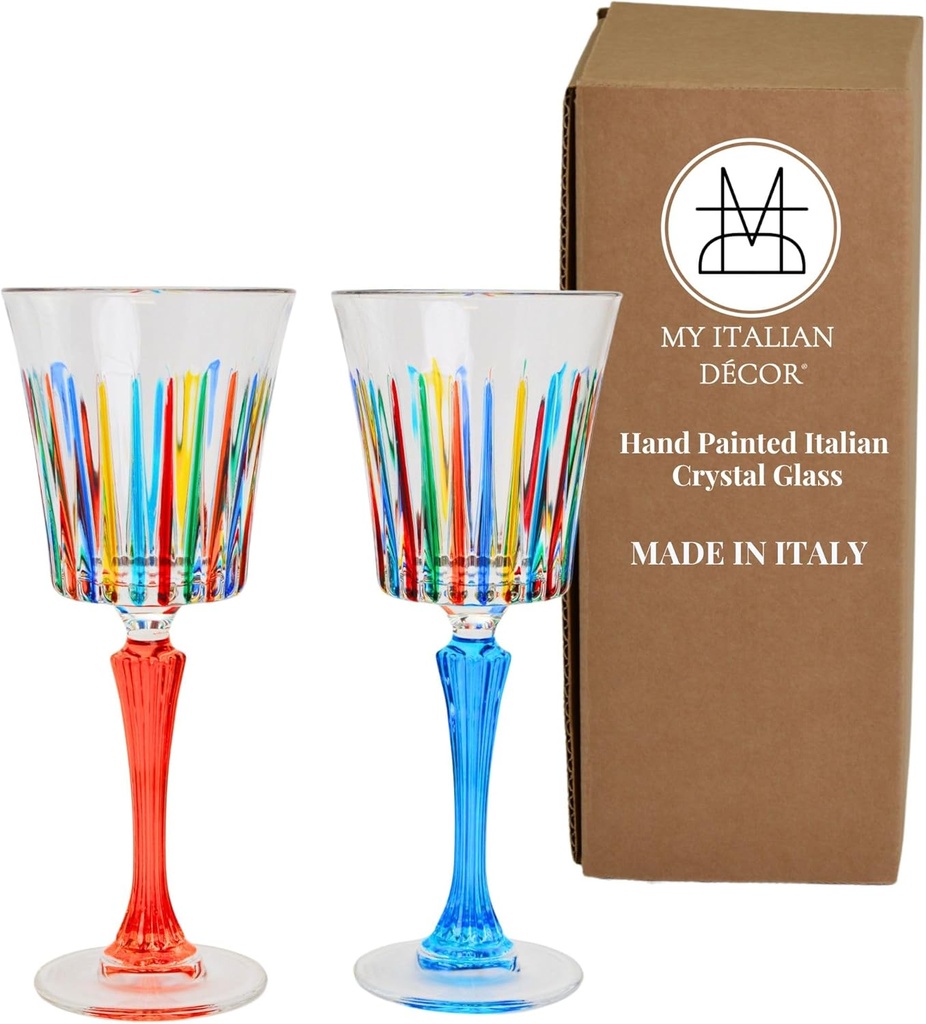 Italian Wine Glasses, 9 oz, Set of 2, Hand Painted Glasses, Colored Wine Glasses, Hand Painted Glassware, Timeless Pattern, Wine Goblets, Glass Goblets, Made In Italy