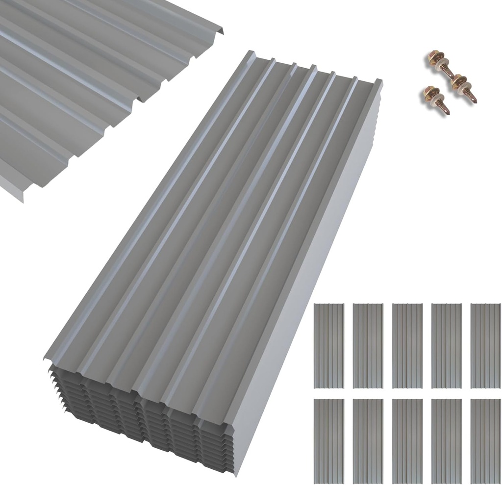NeatiEase 10 Pcs Metal Roofing Panels, 5.1 Feet Corrugated Galvanized Roofing Panels Metal Siding Panels with Steel Screws for Pergola, Gazebo, Shed, Outdoor Storage, Chicken Coop, Patio,Garages