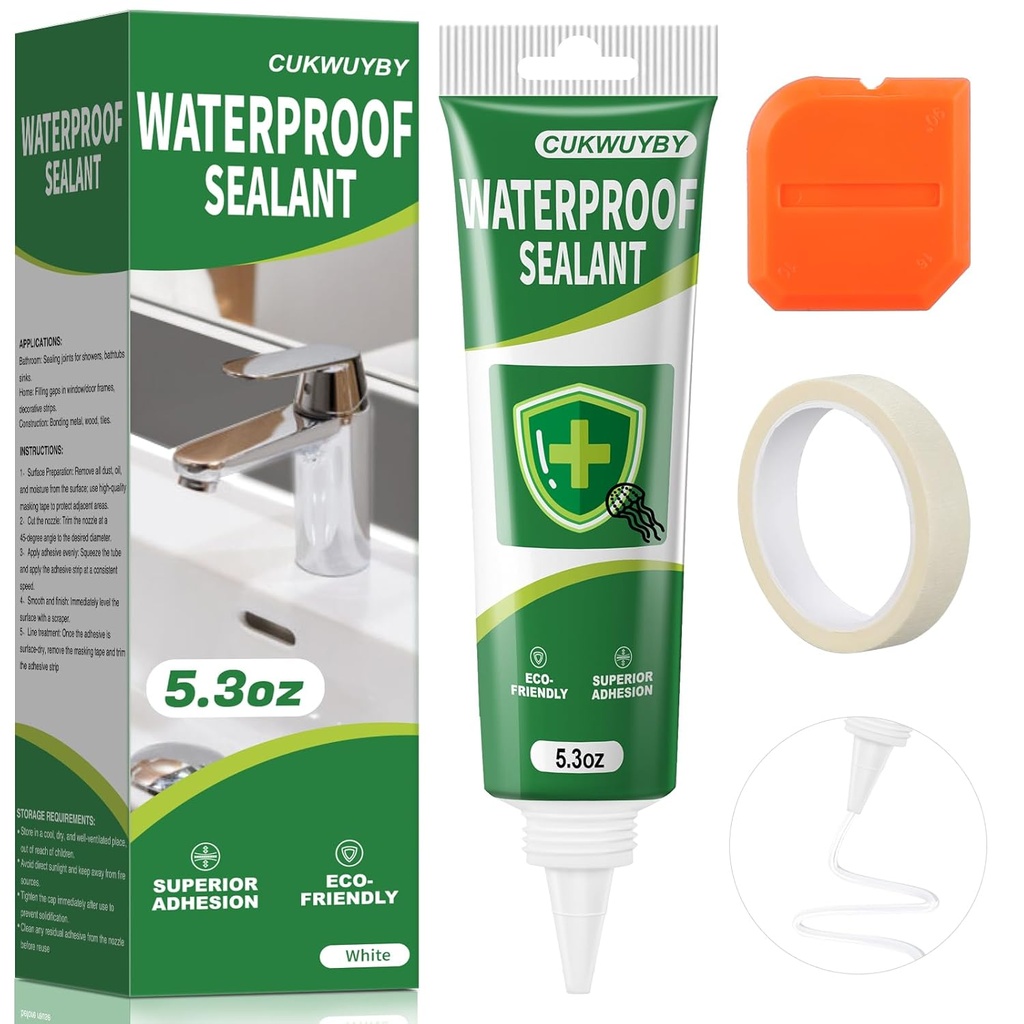 1 Pack Silicone Caulk 5.2 Oz Squeeze Tube Waterproof Silicone Sealant for Kitchen Bathroom Stronger Adhesion White Caulk for Window Toilet Sink Door Caulking Sealant with Tape and Scraper