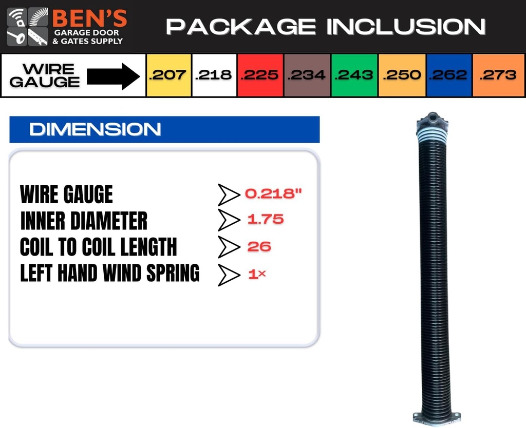 Garage Door Torsion Springs .218 x 1.75" x 26" (Left Wound) (Cone Color: Black)