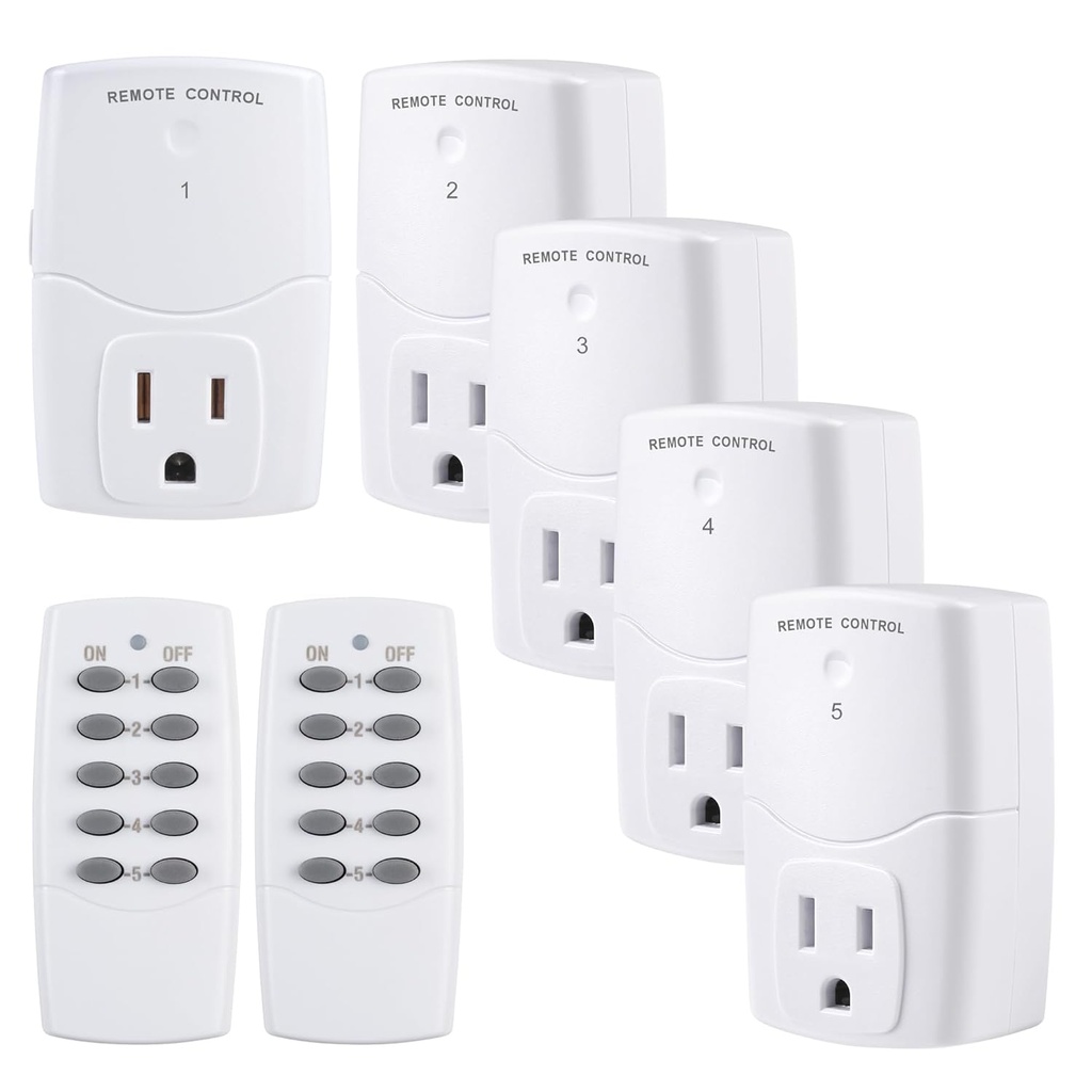 BN-LINK Mini Wireless Remote Control Outlet Switch Power Plug in for Household Appliances, Wireless Remote Light Switch, LED Light Bulbs, White (2 Remotes + 5 Outlets) 1250W/10A