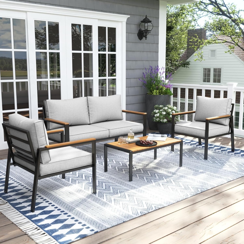 UDPATIO Outdoor Patio Furniture Set, Modern Metal Outdoor Conversation Sets with Coffee Table, 4 Piece Outside Sofa with Thick, Washable and High-Resiliency Sponge Cushions (Light Grey)