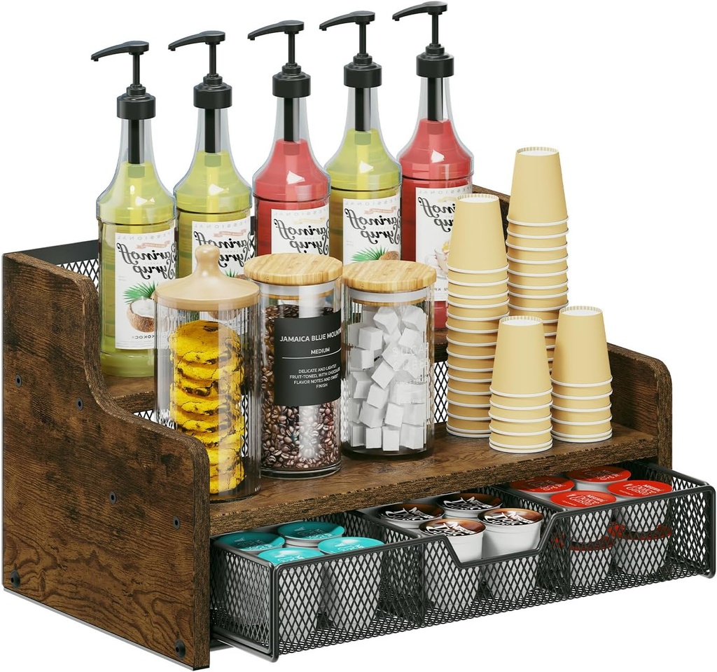 Coffee Station Organizer for Countertop, Wood Coffee Bar Organizer with Drawer, Kcup Coffee Pod Holder Storage Box, K Cup Holder Organizer for Coffee Bar Accessories