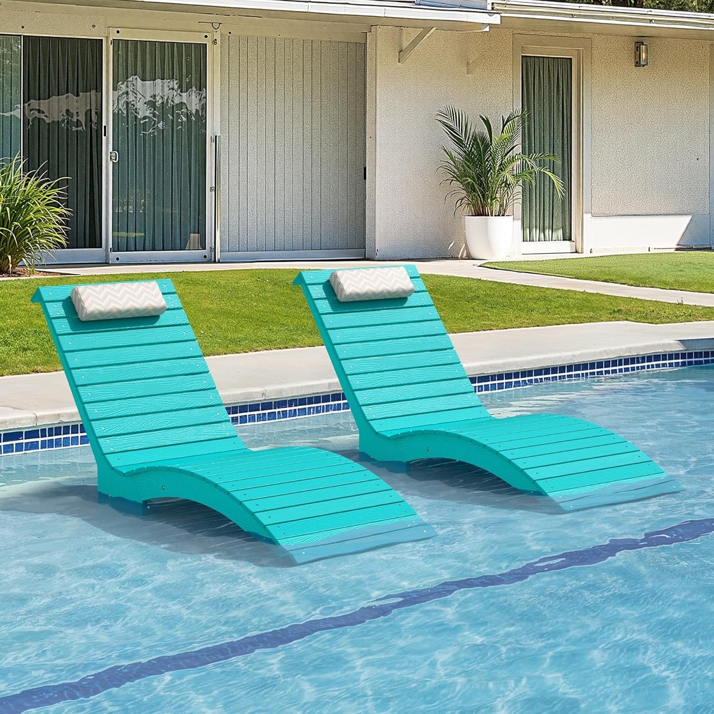 Pool Lounge Chairs Outdoor Set of 2，HDPS Long Pool Chairs for in Pools, Weighted All Weather Tanning Chair with Headrest，Chaise Lounge for Outside Beach Patio Sun Bathing Hotel, Aruba Blue