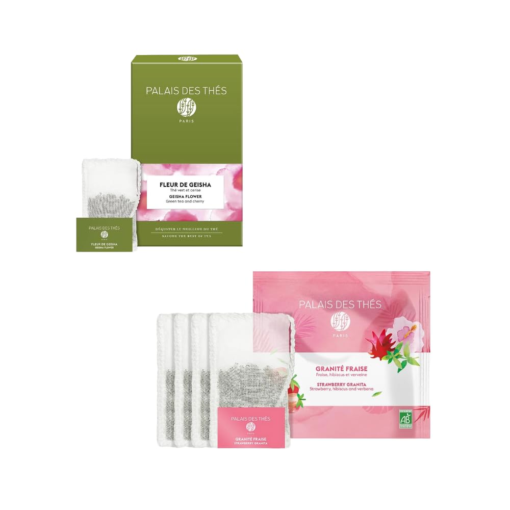Palais des Thés - Premium Hot & Iced Tea Combo - Geisha Flower Green Tea with Cherry Blossom & Strawberry Granita Organic Herbal Blend - 20 Bags + 4 XL Pouches, Serves 2 Carafes