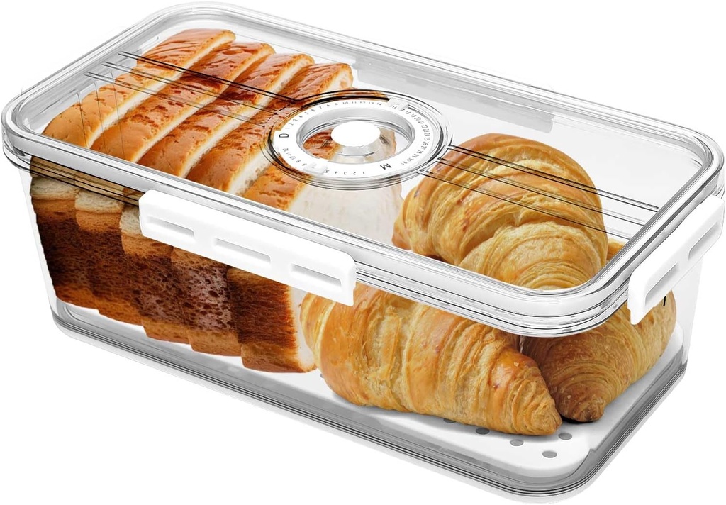 Airtight Bread Bins, Food Pantry Storage Container, Time Recording Bread Box with Lid, Bread Holder Bin for Kitchen Counter, Keep Food Fresh Longer for Homemade Bread, Toast, Bagel… (White)
