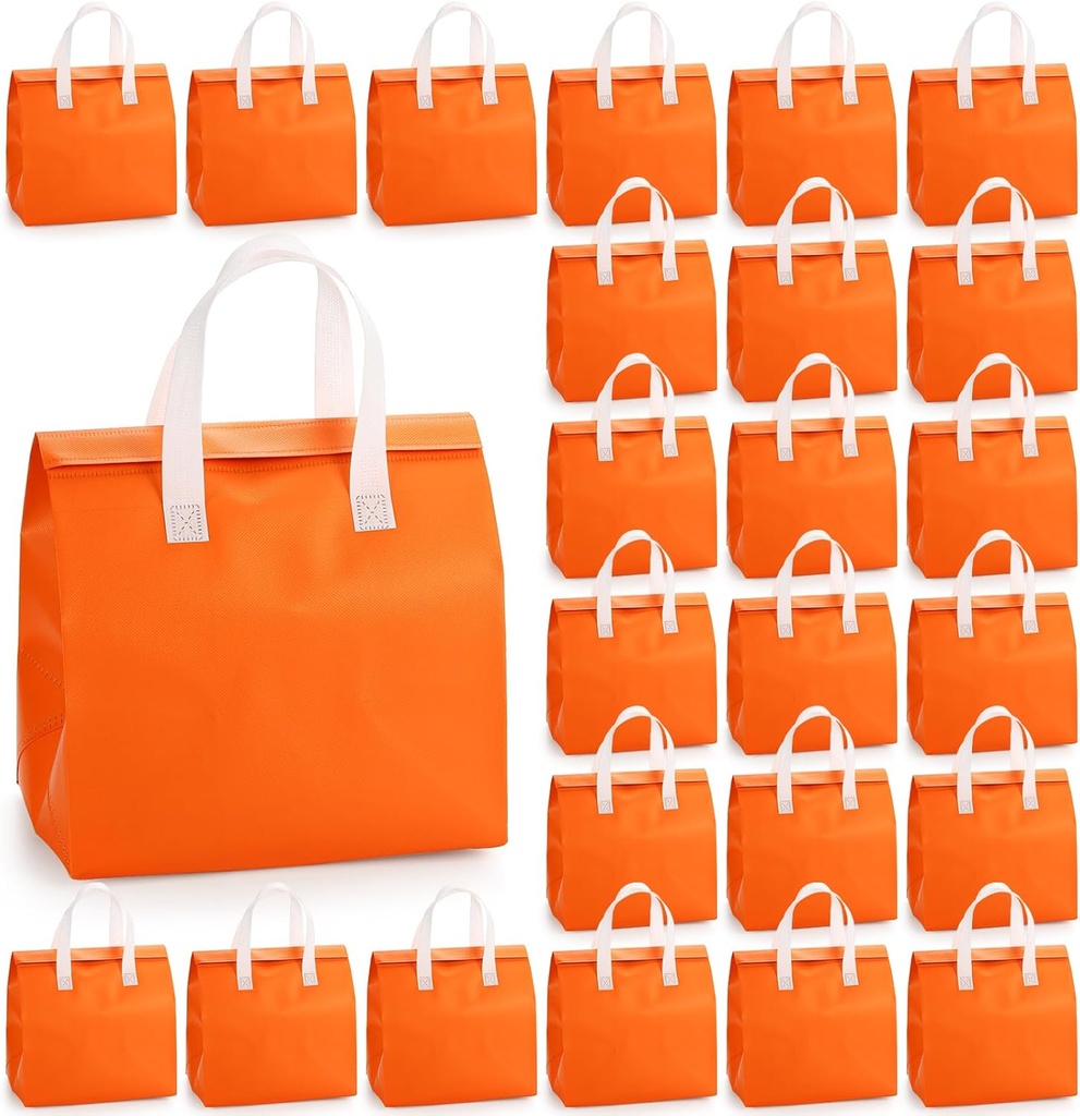 ZENFUN 25 Packs Insulated Take Away Bags, Thermal Insulation Food Bag for Coffee, Insulated Cooler Bag Grocery Bags, Orange Thermal Bags for Hot&cold Frozen Food, Food Delivery, 9.5 x 6 x 10 Inches
