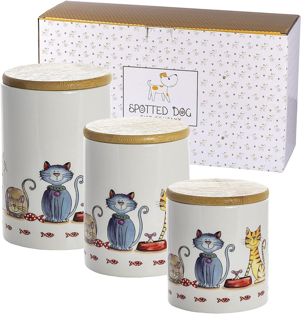 SPOTTED DOG GIFT COMPANY Canisters Sets for the Kitchen Countertop, 3-Piece Airtight Ceramic Food Storage Containers with Lids for Coffee Tea Sugar, Gifts for People Who Love Cats