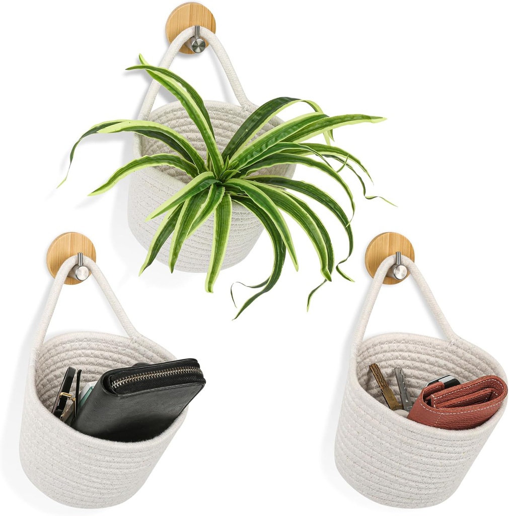 3PCS Jute Hanging Basket, Cotton Rope Hanging Baskets for Organizing with Adhesive Hooks, Boho Fabric Wall Hanging Baskets for Kitchen Bedroom Living Room Office(White)
