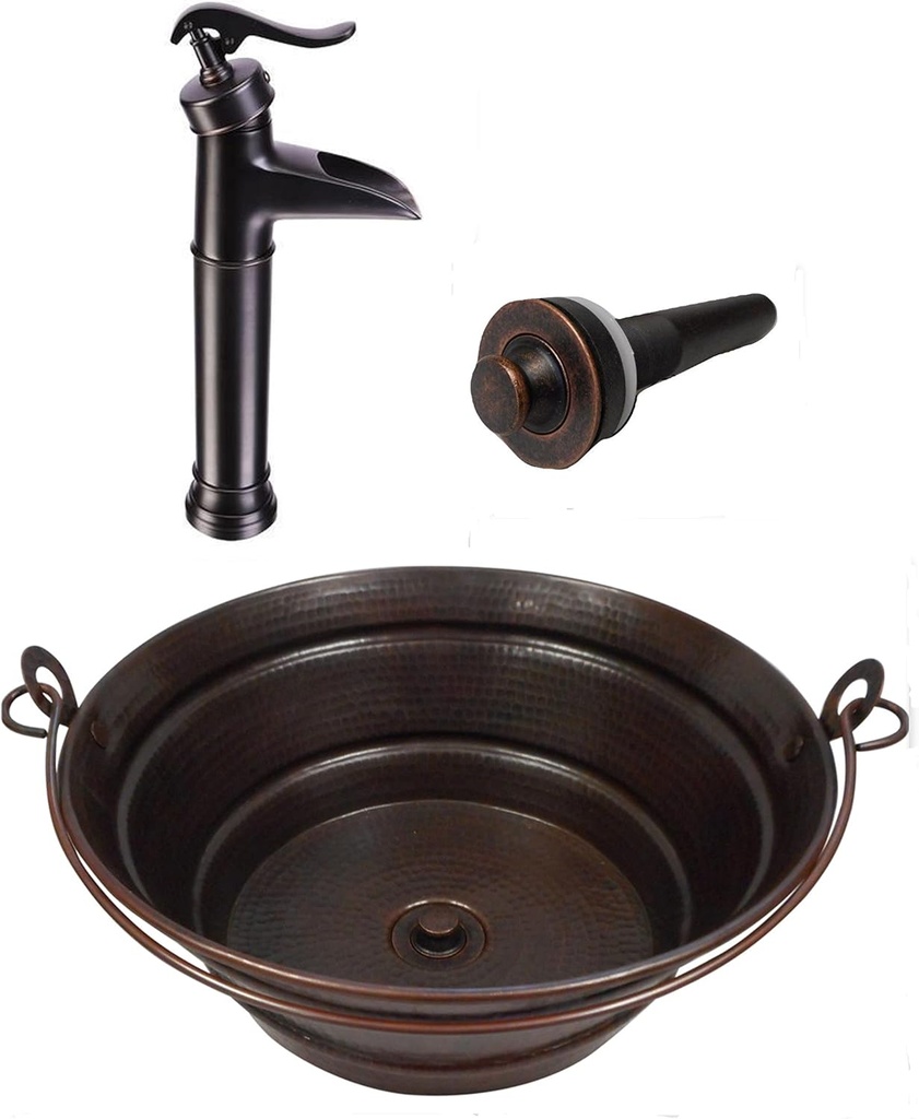 15" Round Copper Vessel BUCKET Sink with Lift & Turn Drain and 13" Pump Look Faucet