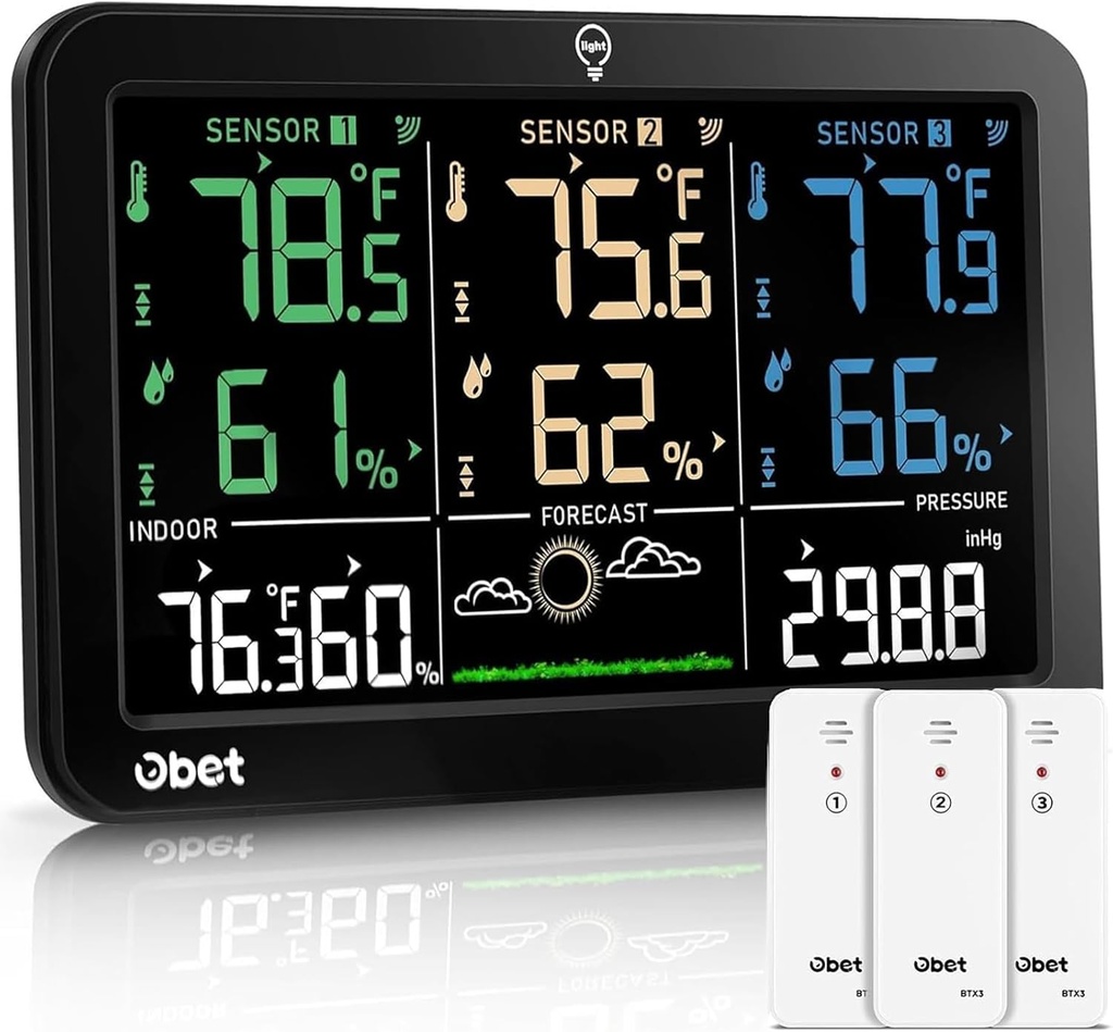 OBET Weather Station Wireless Indoor Outdoor Thermometer Wireless, Color Display Digital Temperature and Humidity Monitor with 3 Sensors, Alerts, Adjustable Backlight, USB Port (500 Feet)