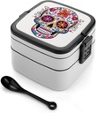 Sugar Skull Stackable Bento Box Double-layered Leak-Proof Lunch Box 1L Capacity Portable Lunchbox Durable Drop-Proof for Work Picnic Travel