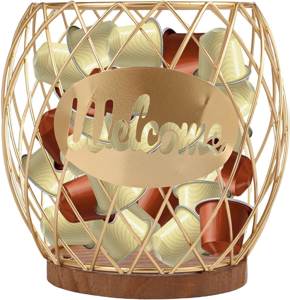 Coffee Pod Storage Basket, Large Capacity Coffee Capsule Holder Organizer with Wooden Base, Pineapple Shape Countertop Storage Container for Kitchen Counter and Office Desktop(Gold)