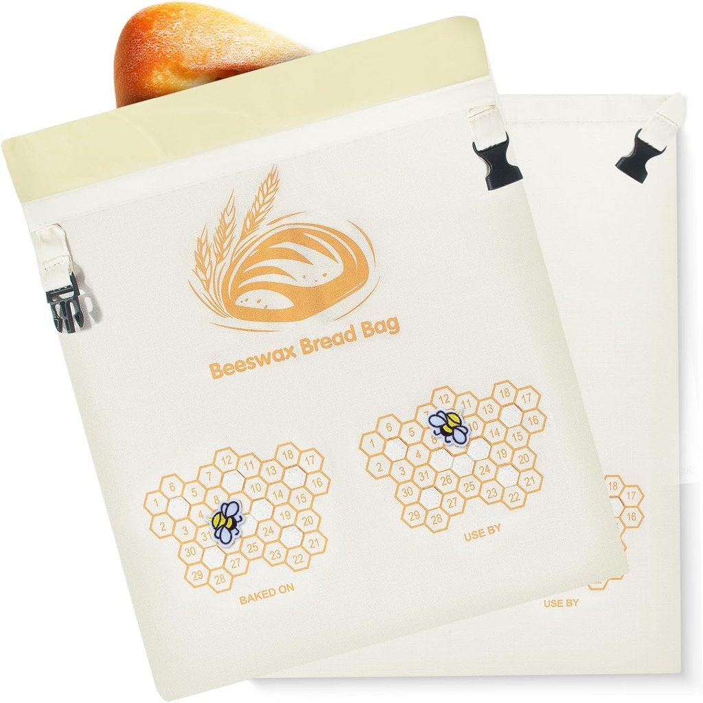 2-Pack Beeswax Bread Bag for Sourdough, Reusable XL Cotton Bread Bag for Homemade Bread, Sourdough Bag, Beeswax Bag with Date Tracker, Sourdough Bread Storage for Freshness, 17x13in