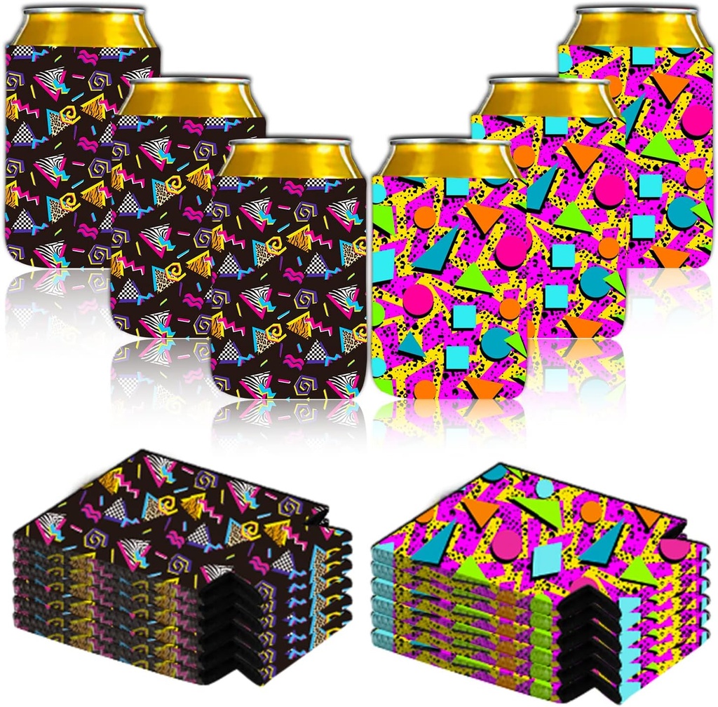 12 Pieces 80s 90s Vintage Beer Can Coolers Sleeves Neoprene Drink Holders Bottle Sleeves Retro Party Supplies Memphis Fashion Neon Can Cooler Sleeves