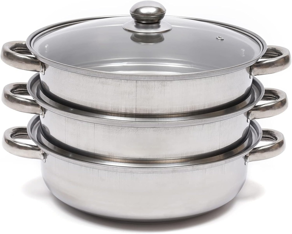 3-Tier Stainless Steel Steamer, Binaural Soup Steamer Steamer Multifunctional Kitchen Steamer with Handle, Meat and Vegetable Cooking Steamer for Vegetable Dumplings Meat Pasta
