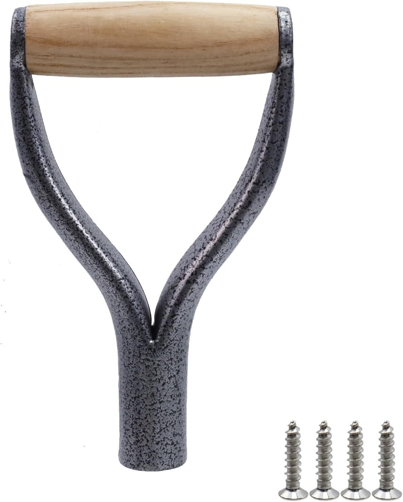 Shovel D Grip Handle, Metal Iron Y Grip Shovel Replacement Spade Handle with Wooden Grip for Garden Outdoor Digging Raking Tool, 1.22inch Inner Diameter, Silver