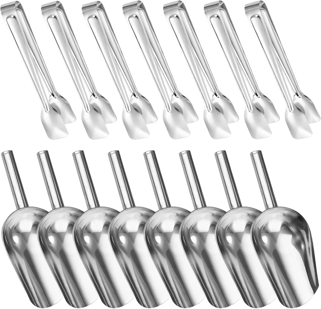 8 Ice Scoops and 8 Ice Cube Tongs Includes, 16 Pcs Easy to Clean Stainless Steel Ice Scoop Set for Ice Machines and Freezer