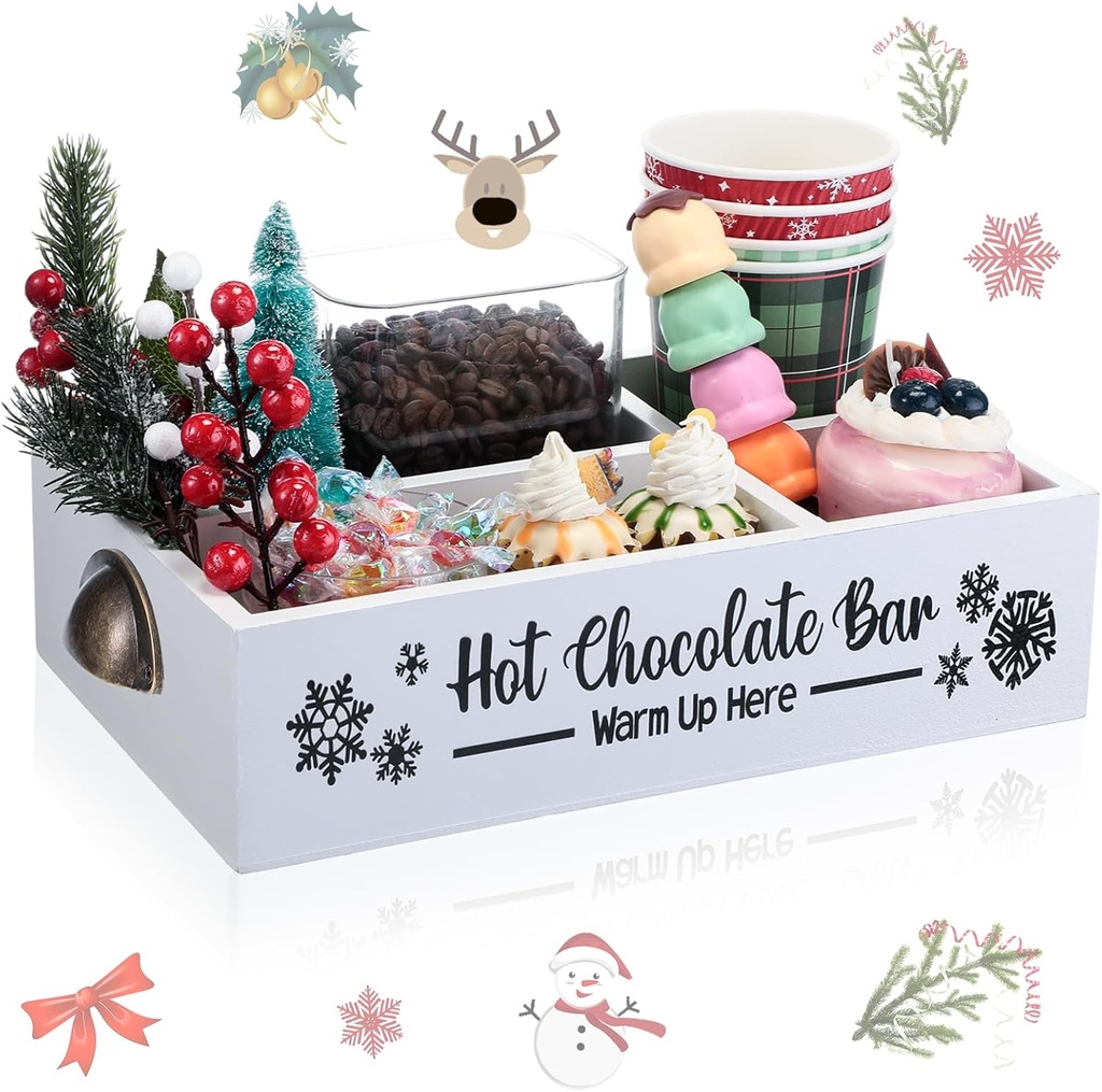 Soaoo Christmas Hot Cocoa Bar Coffee Station Organizer Decorative Wood Storage Box with Handle Coffee Organizer Pod Holder for Countertop Decorative Xmas Storage Bins Bar Accessories(White)