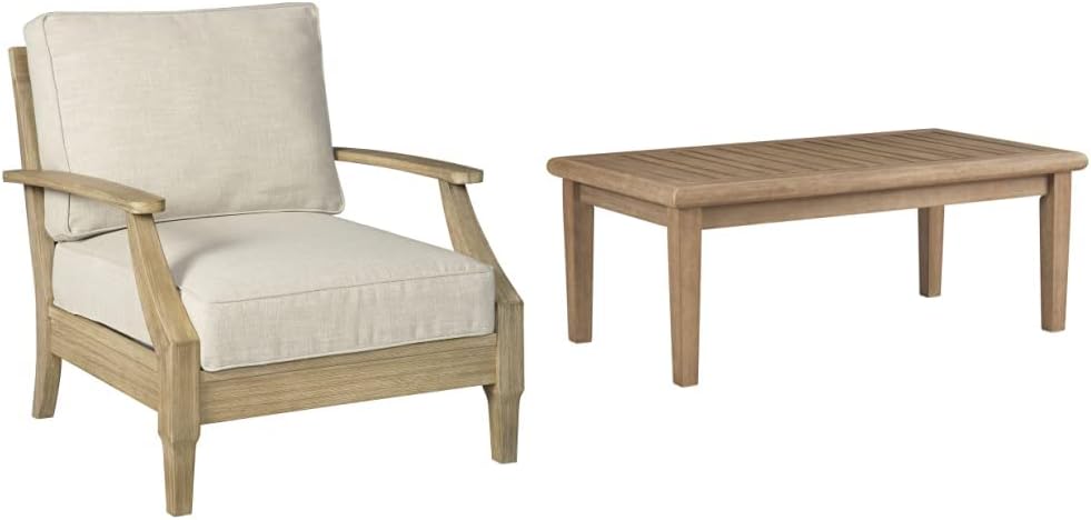 Signature Ashley Clare View Lounge Chair + Gerianne Rectangular Coffee Table Outdoor Set, Beige