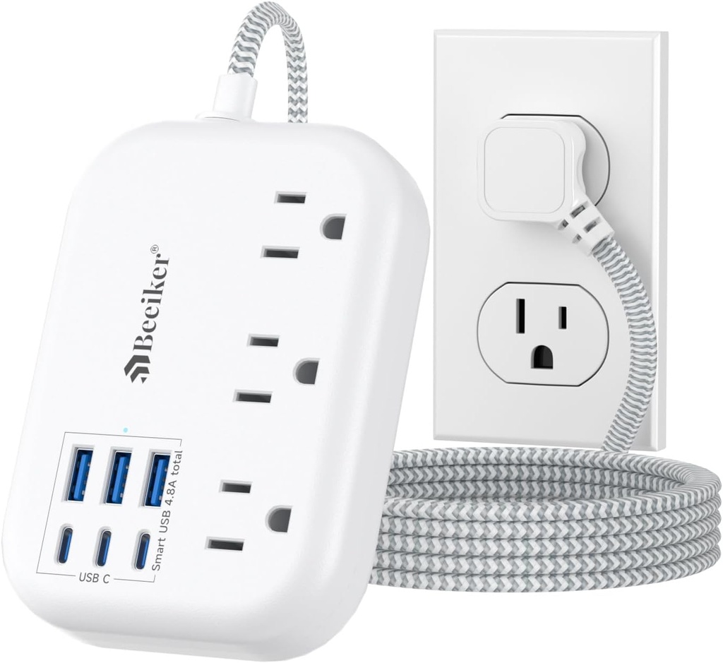 6 USB(3 USB C) Power Strip- Travel Power Strip with 6 USB Desktop Charging Station 24W/4.8A and 3 Outlets, 5Ft Flat Plug Braided Extension Cord, Non Surge Protector for Cruise Ship Travel Office Dorm