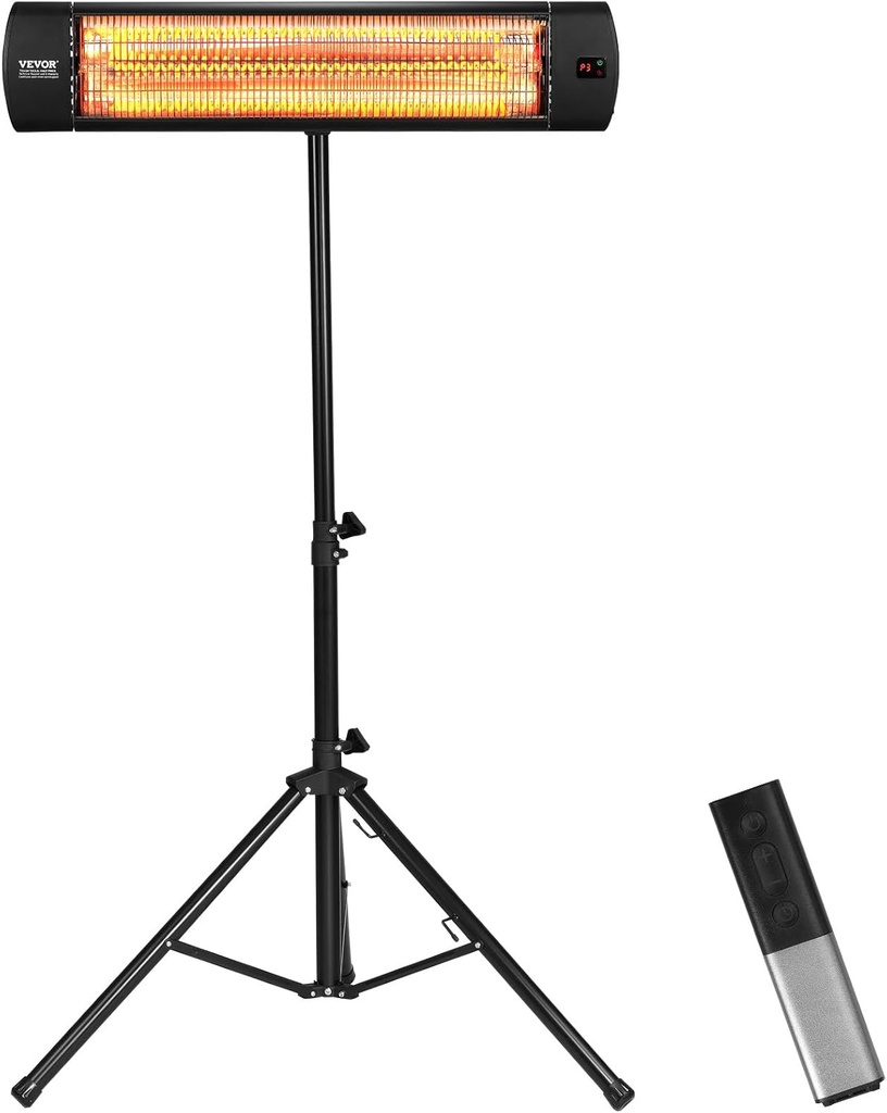 VEVOR Infrared Heater, 1500W Remote Control Electric Space Heater, LED Screen Patio Heater w/ 3 Speeds & Timer, Outdoor/Outdoor for Porch,Dining Room,Studio, with Stand & Mount to Ceiling/Wall,34in L